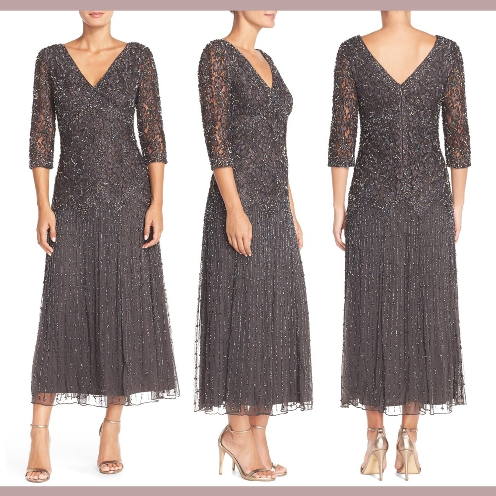 NEW‎ Pisarro Nights Lace Beaded Mesh Dress Gown [Petite SZ 8P ]